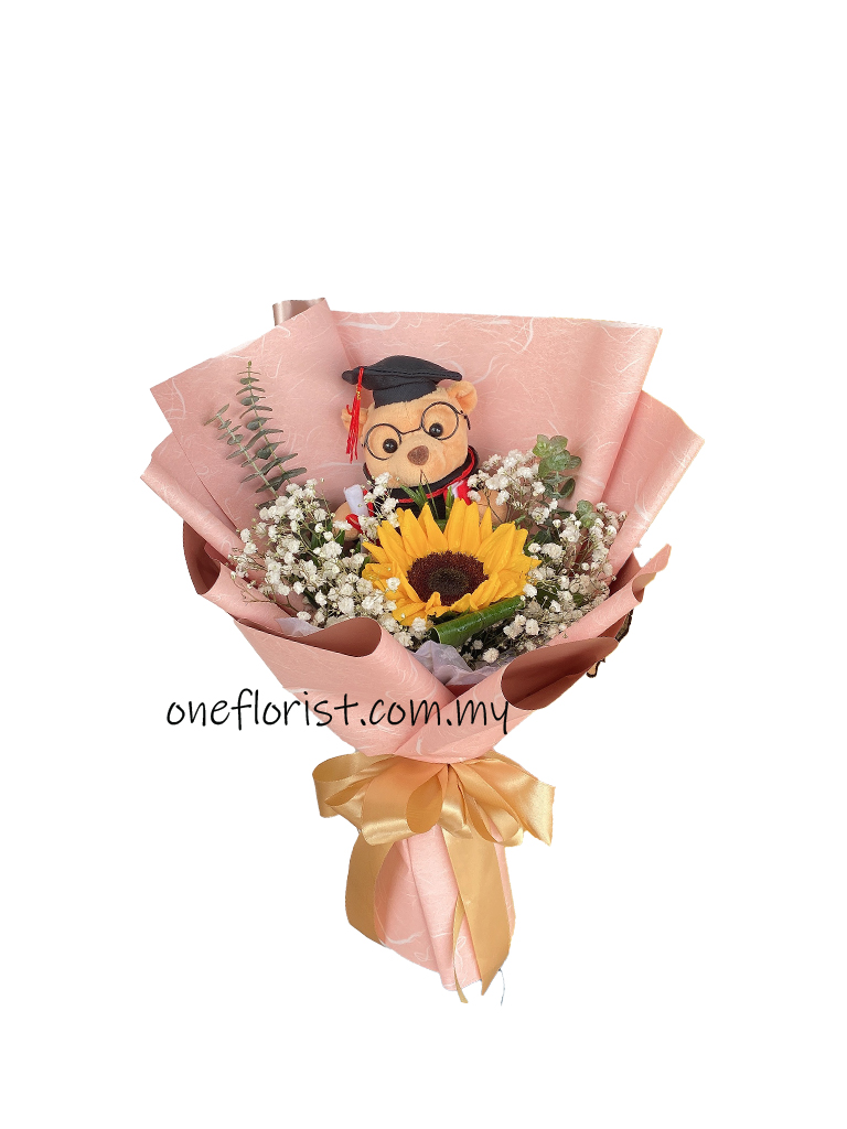 Graduation bouquet with sunflower and bear