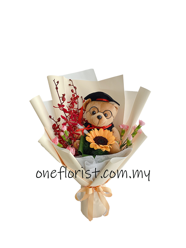 Graduation bear with sunflower orchid  bouquet